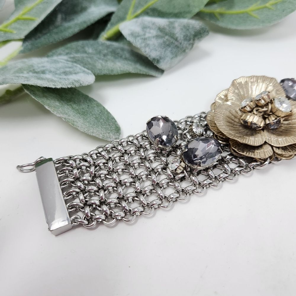 LOFT Rhinestone Flower Metal Chain Magnetic Bracelet NWT - Picture 5 of 10